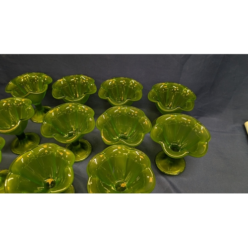 691 - Vintage Frosted Green Tulip Design Dessert Dishes x 11 . 12cm Tall, 12cm Diameter at Rim. Some Losse... 