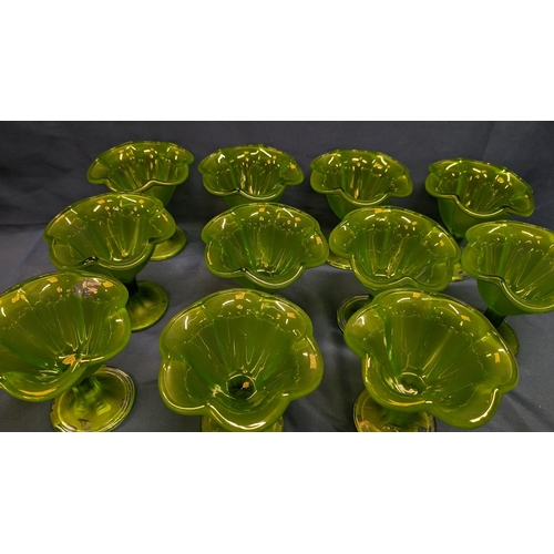 691 - Vintage Frosted Green Tulip Design Dessert Dishes x 11 . 12cm Tall, 12cm Diameter at Rim. Some Losse... 