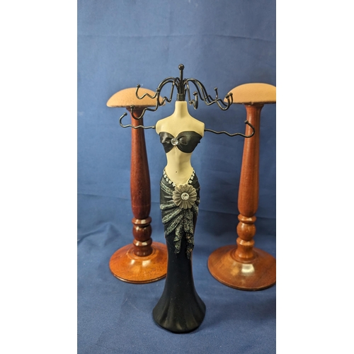 744 - 3 x Siegel Stockman of London Wooden Hat Stands 30cm High plus 2 x Ladies in Black Dresses Jewellery... 