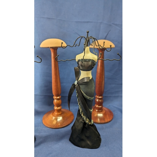 744 - 3 x Siegel Stockman of London Wooden Hat Stands 30cm High plus 2 x Ladies in Black Dresses Jewellery... 