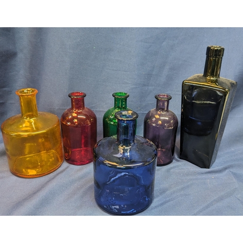 745 - A Selection of 9 x Coloured Vintage Bottles - Tallest 23cm.   From the country estate.