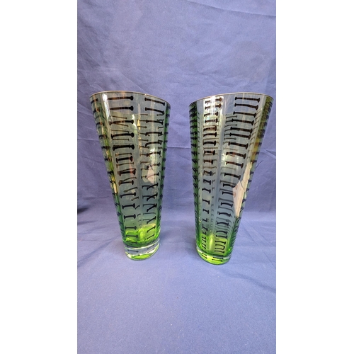 690 - Vintage Tall Green With Black Lines Illusion Vase - Slight Chip to One Rim. 30cm Tall, 13cm Rim Diam... 