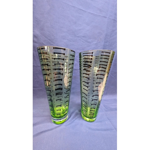 690 - Vintage Tall Green With Black Lines Illusion Vase - Slight Chip to One Rim. 30cm Tall, 13cm Rim Diam... 