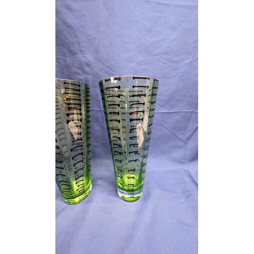 690 - Vintage Tall Green With Black Lines Illusion Vase - Slight Chip to One Rim. 30cm Tall, 13cm Rim Diam... 