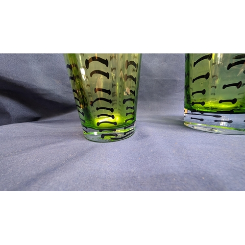 690 - Vintage Tall Green With Black Lines Illusion Vase - Slight Chip to One Rim. 30cm Tall, 13cm Rim Diam... 