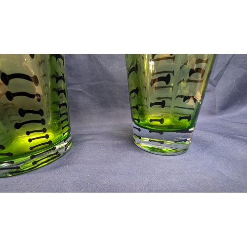 690 - Vintage Tall Green With Black Lines Illusion Vase - Slight Chip to One Rim. 30cm Tall, 13cm Rim Diam... 