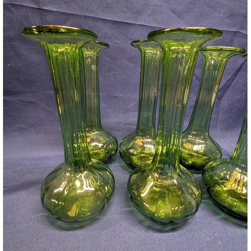 693 - Vintage Green Hand Blown Bud Vases x 6.   From the country estate.