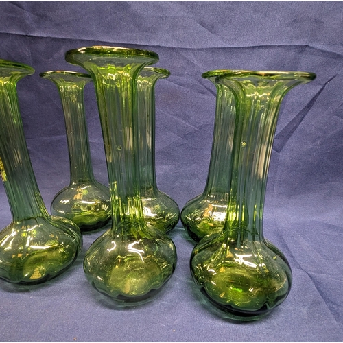 693 - Vintage Green Hand Blown Bud Vases x 6.   From the country estate.