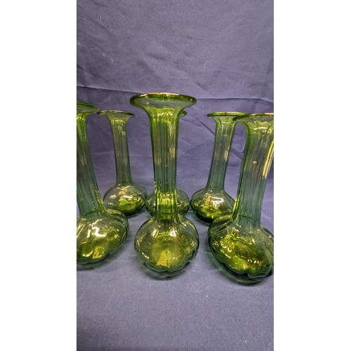 693 - Vintage Green Hand Blown Bud Vases x 6.   From the country estate.