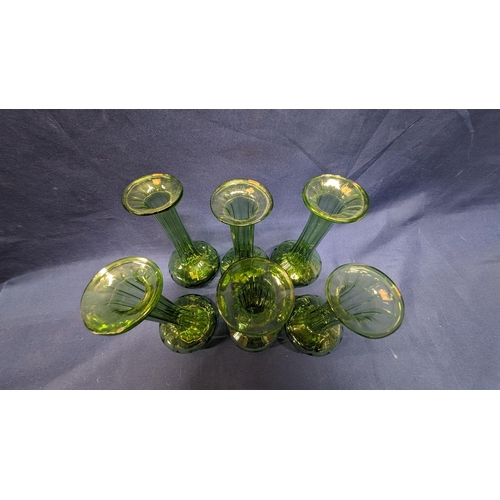 693 - Vintage Green Hand Blown Bud Vases x 6.   From the country estate.