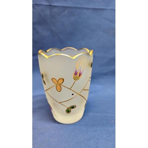 695 - Antique Frosted Vase with Gold Embellishments , Hand Painted Flowers and Leaves.  Signed to Base 13c... 