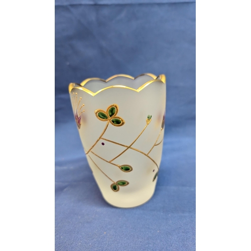 695 - Antique Frosted Vase with Gold Embellishments , Hand Painted Flowers and Leaves.  Signed to Base 13c... 