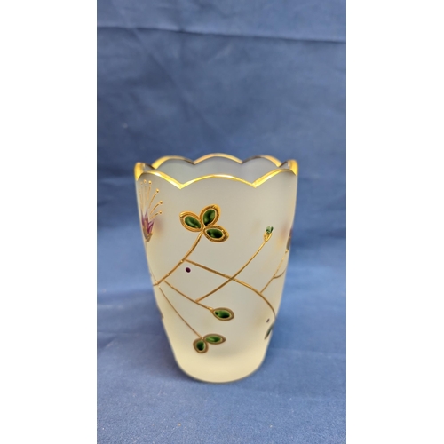 695 - Antique Frosted Vase with Gold Embellishments , Hand Painted Flowers and Leaves.  Signed to Base 13c... 