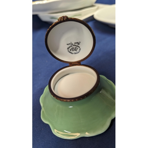 698 - A Collection of Antique Porcelain and Other Items inc.  
- Limoges France Frog and Lily Pad Pill Box... 