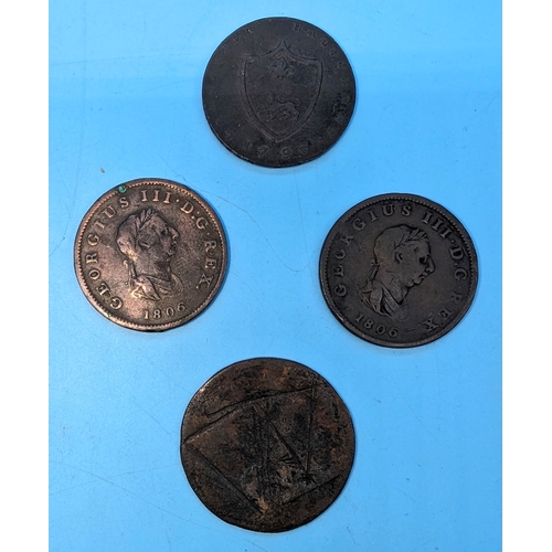 245 - John of Gaunt Duke of Lancaster 11792 Half penny, 2x 1806 George III pennies and one other (worn)