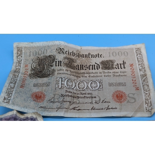 246 - A reserve Bank of India 1930's banknote, 1000 Reichs Banknote and other coins and banknotes