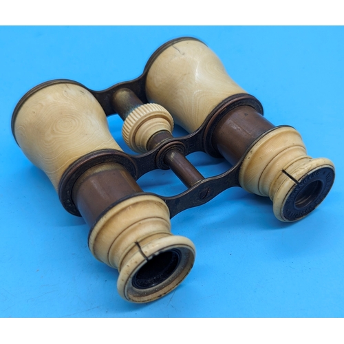 609 - A pair of Brass and celluloid binoculars - W. Health of Devonport - Engraved 'Teresa Ward 1863' to f... 