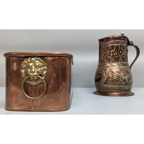 89 - Copper trough with Lion head handles and decorative lidded jug - Trough 11 x 39 x 14cm - Jug 20 x 14... 