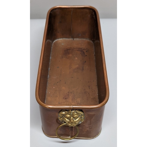 89 - Copper trough with Lion head handles and decorative lidded jug - Trough 11 x 39 x 14cm - Jug 20 x 14... 