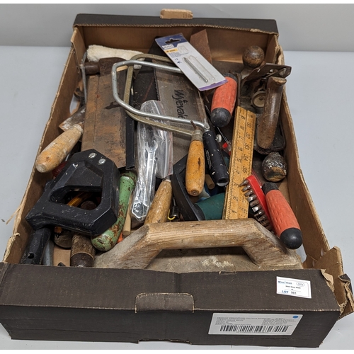 981 - A box of tools including hammers, spanners and more