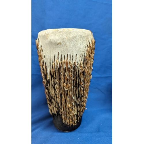 137 - Vintage African handmade Bongo's x2 including: 1x Zebra hide (31cm tall) and 1x Cow/Goat hide (22cm ... 