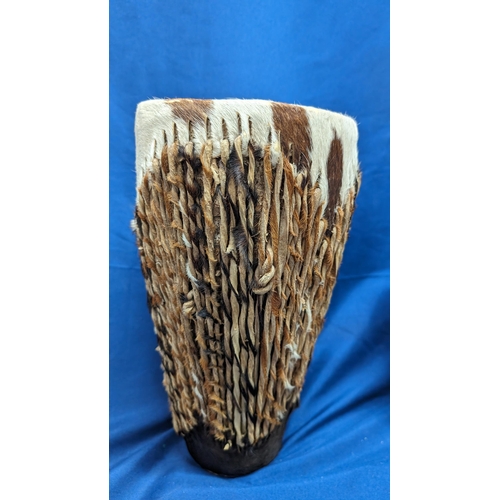 137 - Vintage African handmade Bongo's x2 including: 1x Zebra hide (31cm tall) and 1x Cow/Goat hide (22cm ... 