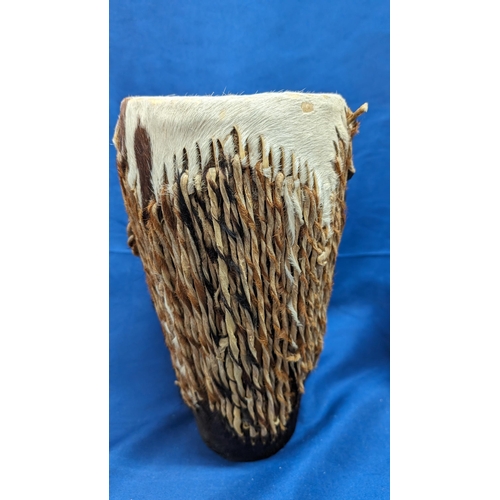 137 - Vintage African handmade Bongo's x2 including: 1x Zebra hide (31cm tall) and 1x Cow/Goat hide (22cm ... 