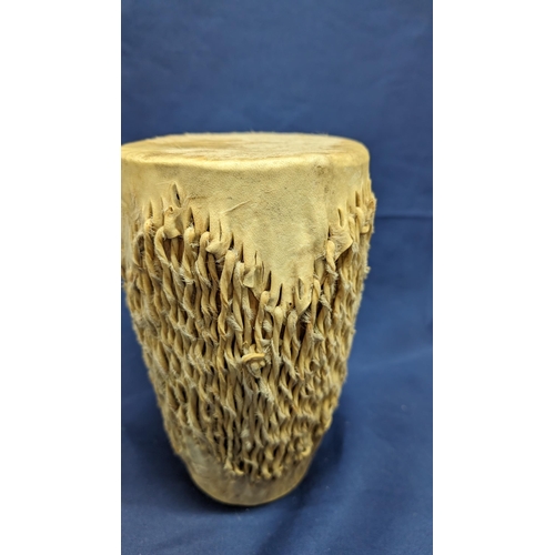 137 - Vintage African handmade Bongo's x2 including: 1x Zebra hide (31cm tall) and 1x Cow/Goat hide (22cm ... 