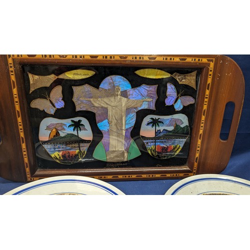 728 - An assortment of 'Butterfly Wing' pictures on plates and plaques plus a tray - From Rio De Janiero (... 