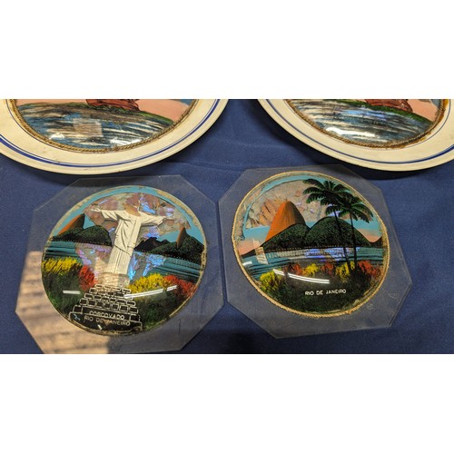 728 - An assortment of 'Butterfly Wing' pictures on plates and plaques plus a tray - From Rio De Janiero (... 