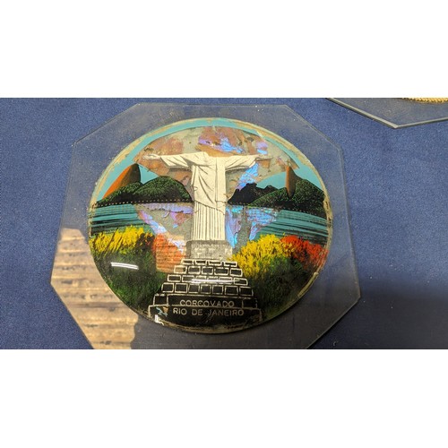 728 - An assortment of 'Butterfly Wing' pictures on plates and plaques plus a tray - From Rio De Janiero (... 