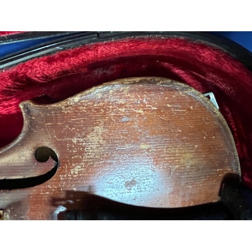 350 - 2x Vintage Violins and cases - some damage (1 without bow)