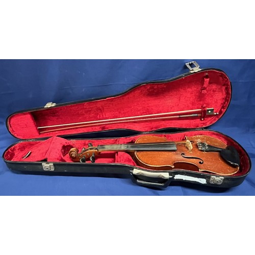 350 - 2x Vintage Violins and cases - some damage (1 without bow)