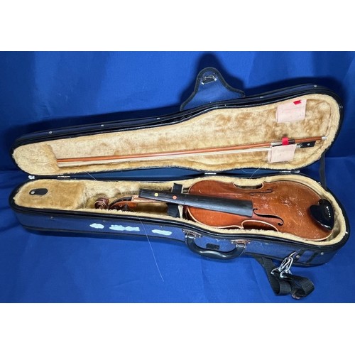 350 - 2x Vintage Violins and cases - some damage (1 without bow)