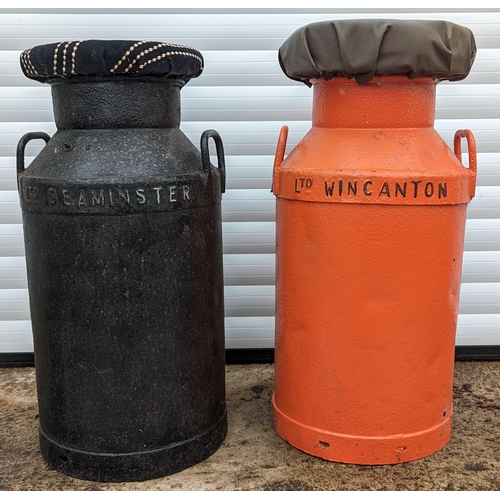 932 - 2 Milk churns with padded seat tops - Orange one has Wincanton United Milk Products LTD written on i... 