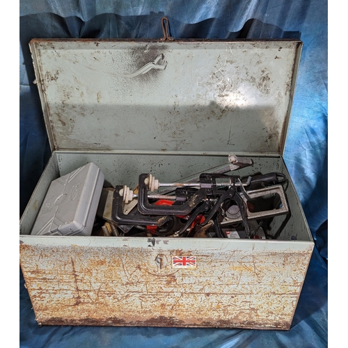 1029 - Metal tool chest and contents including clamps, Stanley plane, power planer and much more