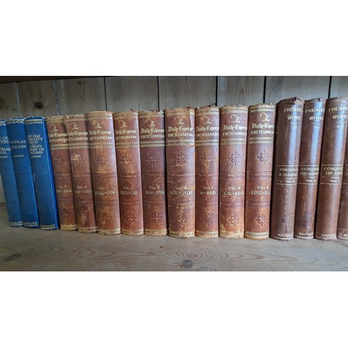 605 - An assortment of Antique books:- The Miracle of England, The adventures of Hajji Baba, Dickens, Dail... 