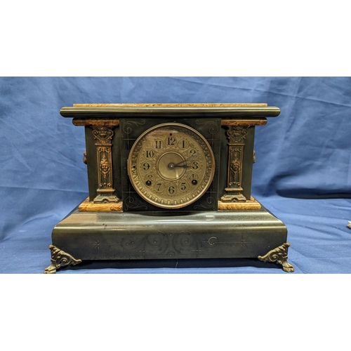 146 - Antique Seth Thomas Adamantine Mantle Clock Circa 1900's - Brown Adamantine Trim  against Jet Black ... 