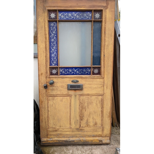 1157 - Vintage Exterior Door with Coloured and Etched Glass with Brass Fittings 191cm x 102cm