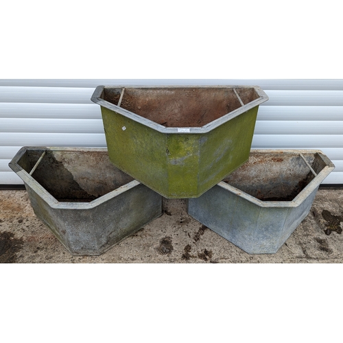 1161 - 3 x Galvanised Corner Troughs 40cm H x 70cm W x 43cm D