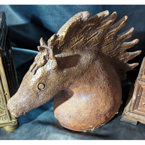 446 - Studio Pottery Horse, Metal Elephant, Brass Caddy and Carved Jewellery Box with damage as pictured