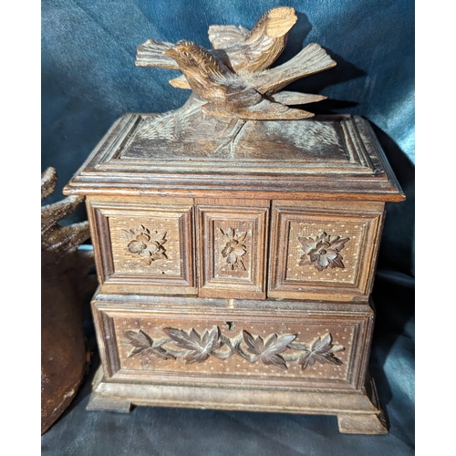 446 - Studio Pottery Horse, Metal Elephant, Brass Caddy and Carved Jewellery Box with damage as pictured