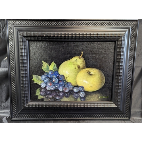 27 - Carlos Laharrague ( Spanish 1930) Still Life of an Apple, Pear and Grapes. 18 inches x 15 inches in ... 