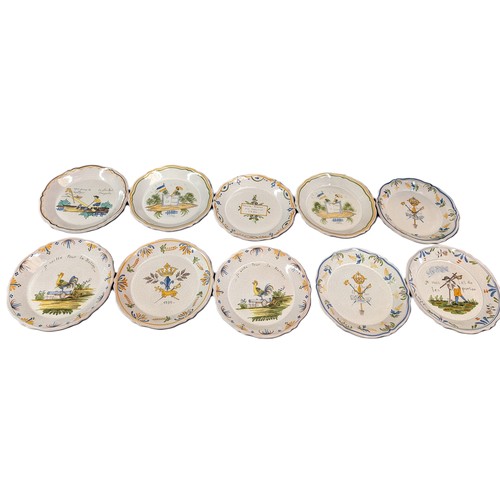 25 - A quantity of Nevers Fiance Earthenware Rimmed Plates with 18th Century Revolutionary Polycrome Deco... 