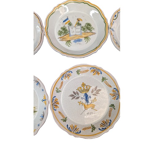 25 - A quantity of Nevers Fiance Earthenware Rimmed Plates with 18th Century Revolutionary Polycrome Deco... 