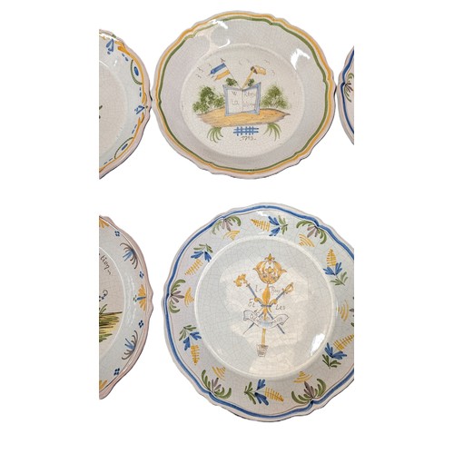 25 - A quantity of Nevers Fiance Earthenware Rimmed Plates with 18th Century Revolutionary Polycrome Deco... 