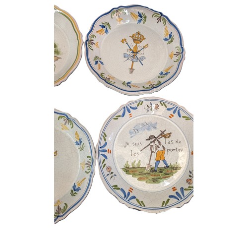 25 - A quantity of Nevers Fiance Earthenware Rimmed Plates with 18th Century Revolutionary Polycrome Deco... 