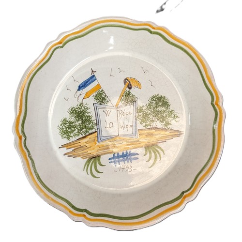 25 - A quantity of Nevers Fiance Earthenware Rimmed Plates with 18th Century Revolutionary Polycrome Deco... 