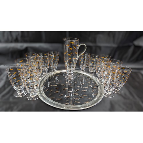 20 - A Nick Munro Clear Glass Water Set Comprising of Water Jug with Pewter Handle, Large Glass Tray with... 