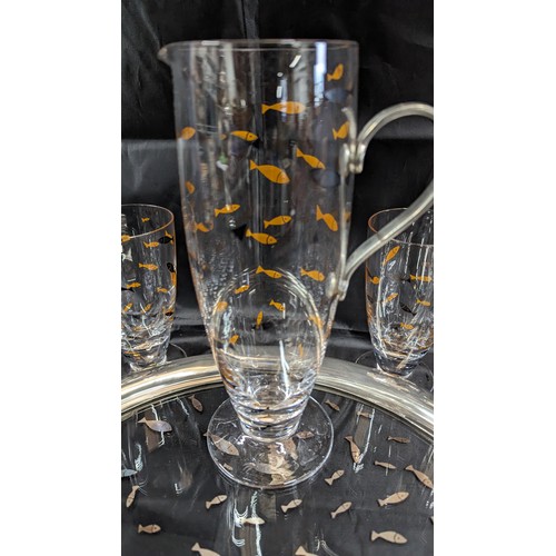 20 - A Nick Munro Clear Glass Water Set Comprising of Water Jug with Pewter Handle, Large Glass Tray with... 